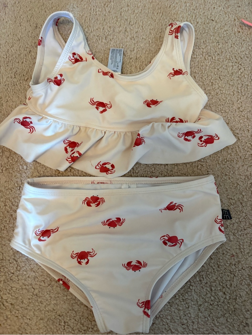 Kids Two-Piece Crab Print Swim Bikini - White with Red Crabs